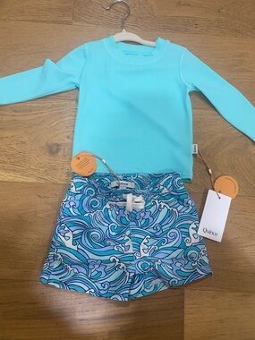 Quince Kids boys Aqua Long-Sleeve Rash Guard & Wave Print Swim Shorts 9-12m NWT